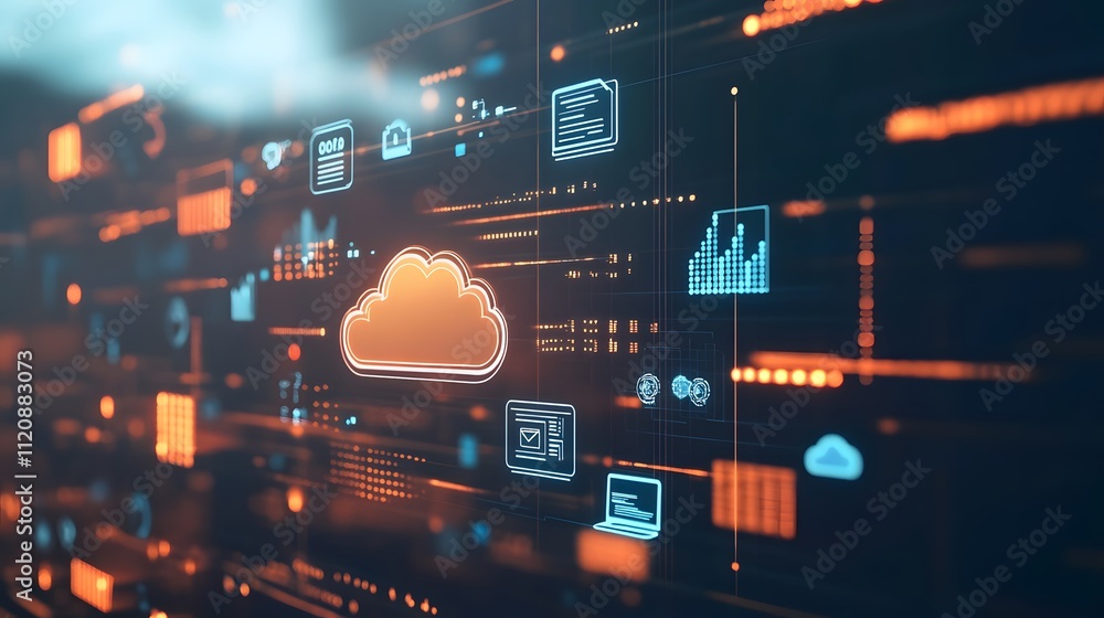Poster a display of digital screens, laptop icons, and cloud symbols signifying modern business tools and t