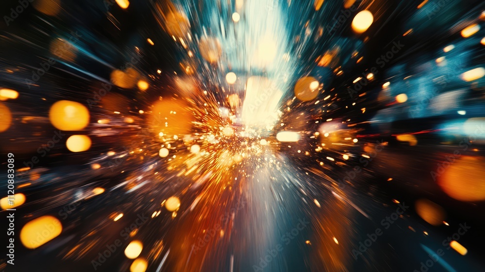 Poster dynamic abstract motion blur with vibrant bokeh lights creating a sense of speed and energy on a dar