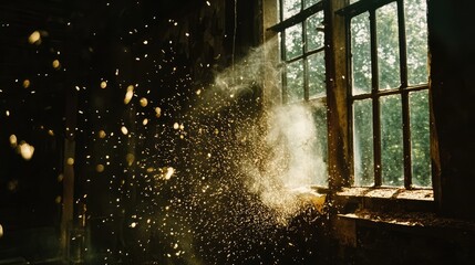Fototapeta premium Industrial plasma cutting machine operation in a workshop with flying sparks and dust particles illuminated by sunlight streaming through large windows, manufacturing, craftsmanship, technology.