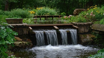 Pumps for fish ponds creating ripples in tranquil garden water features with lush greenery and vibrant flowers.