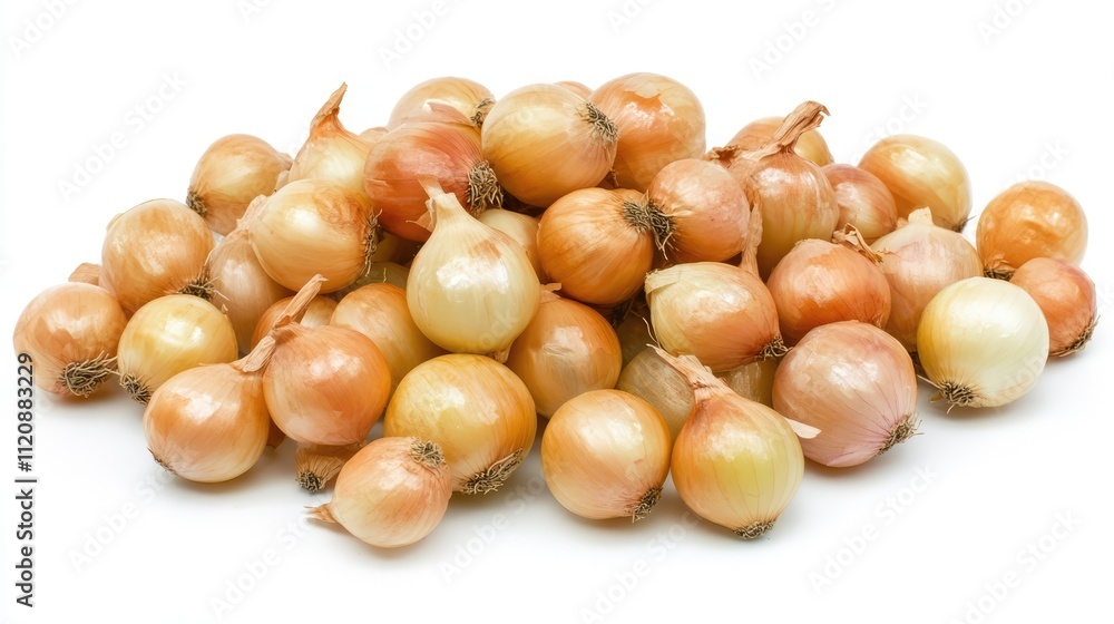 Poster fresh raw onions arranged in a pile with a white background showcasing their natural texture and col