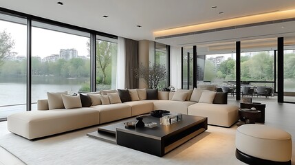 An open-concept living room with a cream-colored sectional sofa, minimalist decor, and oversized glass walls showcasing a serene lakeside view. The natural light floods the room,