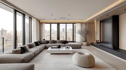 A bold monochromatic living room with a dark gray sectional sofa, a simple white coffee table, and oversized glass panels framing a vibrant cityscape. The natural light balances the strong contrasts,