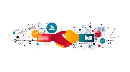 Obraz premium A dynamic layout of handshake icons, digital arrows, and document symbols for business agreements. White background. No shadow
