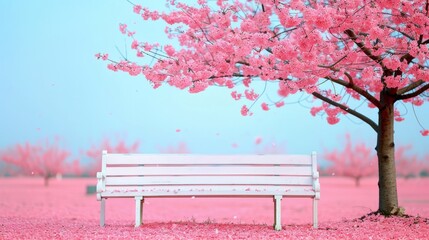 Serene scene with pink blossoms and bench