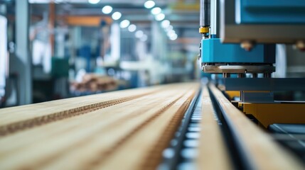 Obraz premium CNC Automatic Woodworking Machine on Production Line in Modern Factory Setting with Focus on Wooden Flooring Manufacturing Process