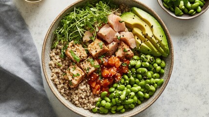Healthy poke bowl featuring quinoa, marinated tuna, edamame, avocado slices, and fresh pea shoots, arranged attractively in a bowl, vibrant colors, nutritious meal, food photography, wellness.