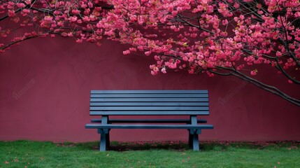 Stylish blue bench under pink blossoms