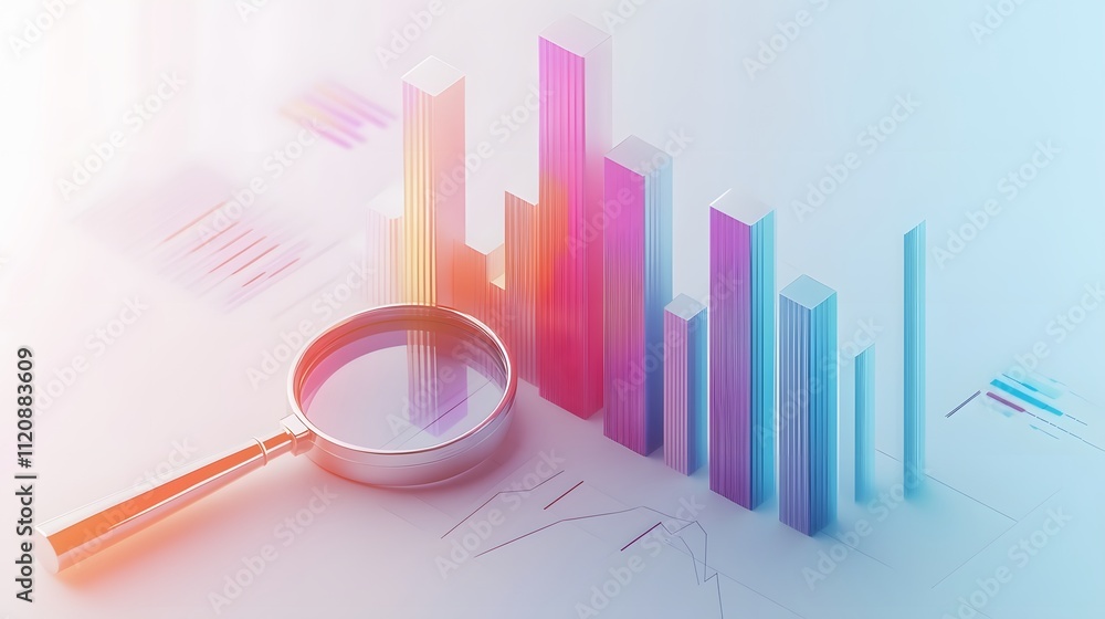 Poster A symbolic set of financial graphs, bar charts, and a magnifying glass icon representing detailed analysis. White background. No shadow
