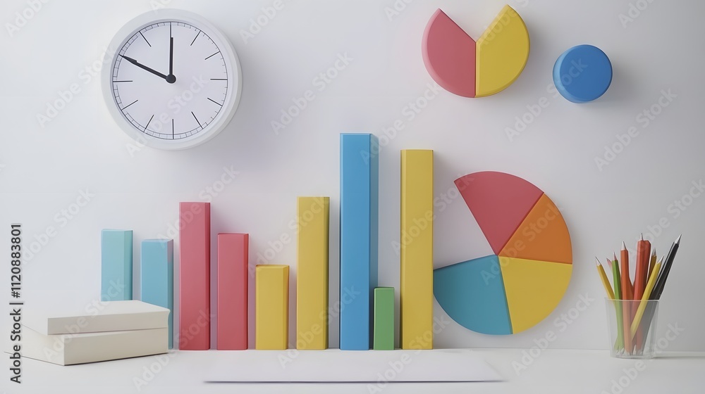 Poster a display of bar graphs intersecting with pie charts and a digital clock for productivity measuremen