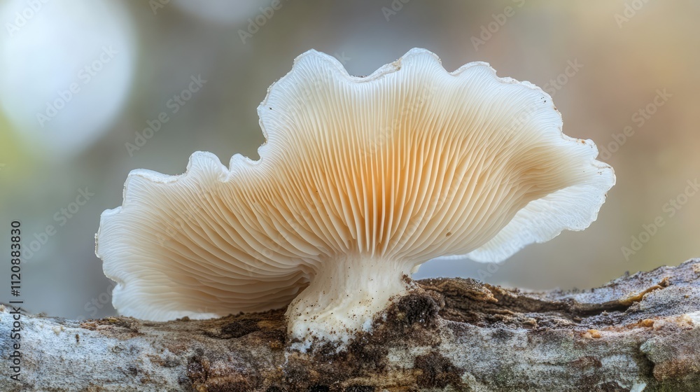 Poster close-up of unique wild fungi mushroom showcasing delicate gills and textures in natural countryside