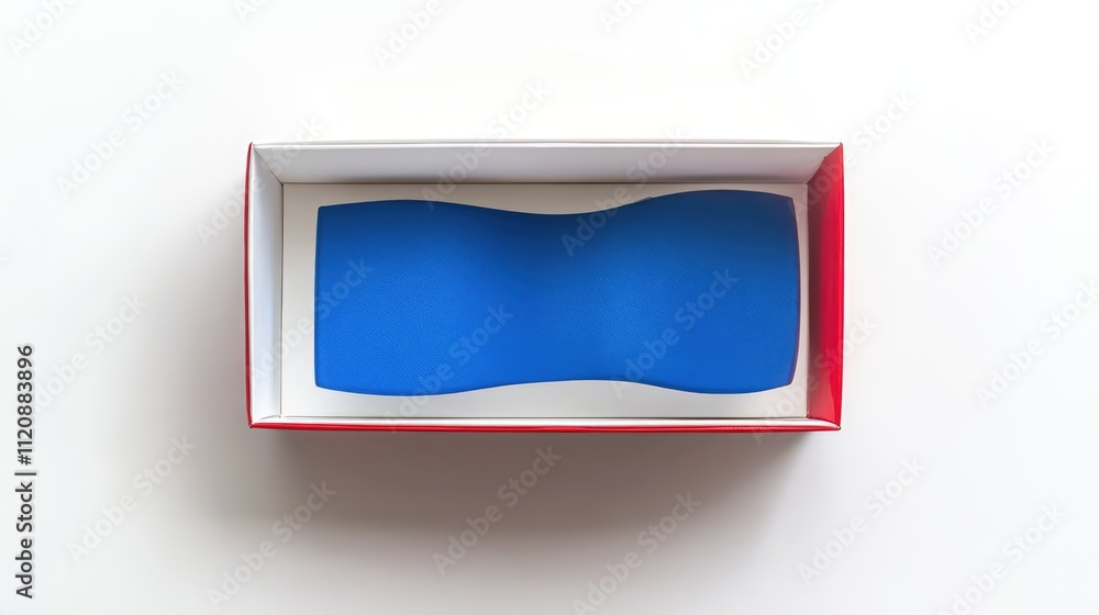 Poster rectangular empty shoe box in white red and blue colors viewed from above isolated on a clean white 