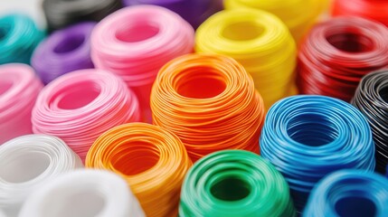 Colorful rolls of PLA and ABS 3D printing filament displayed together showcasing variety and vibrancy for creative projects and printing needs