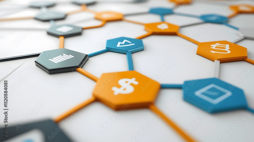 Poster a modern layout of interconnected hexagons featuring graphs, dollar signs, and communication icons f