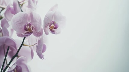 Purple orchid blossoms elegantly displayed on a clean white backdrop creating a serene and minimalist aesthetic for floral composition.