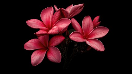 Fototapeta premium Close-up view of a vibrant bouquet of red and pink plumeria flowers against a solid black background, emphasizing their delicate petals and rich colors, floral arrangement, nature, beauty.