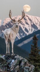 A majestic white deer with perfect antlers, on the mountain and the beautiful view of the full moon at night