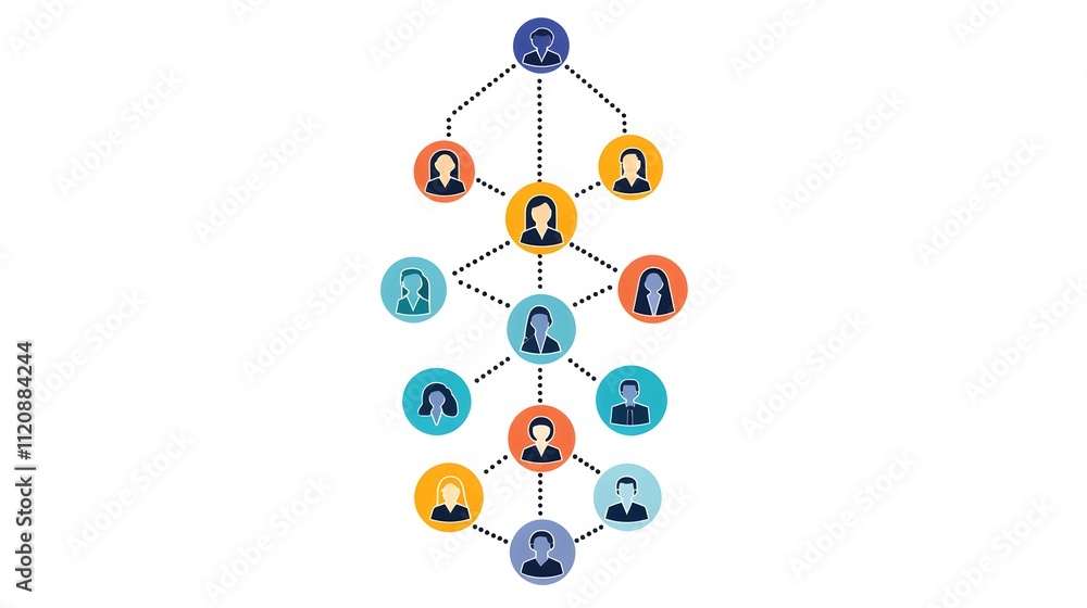 Poster a creative depiction of a hierarchy chart with circular icons connected by dotted lines. white backg