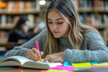 Young female student studying with book and pen in library