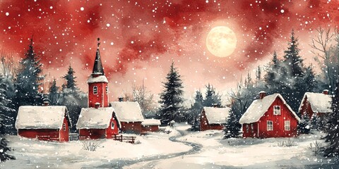 Idyllic Winter Village Snowy Church Red Houses Full Moon Christmas Card