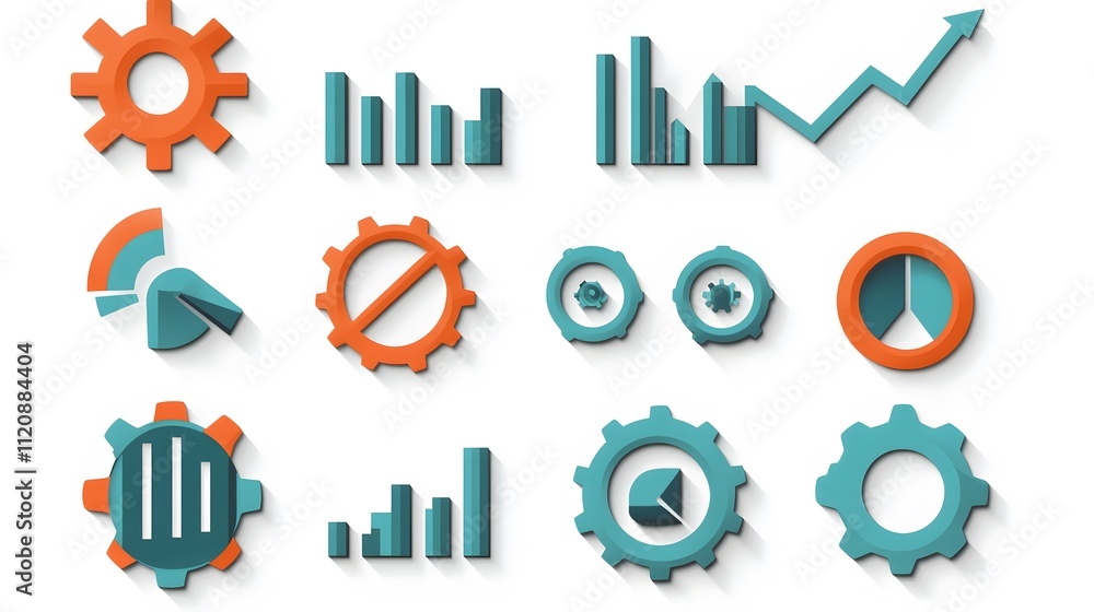 Poster a sleek collection of cog icons, directional arrows, and charts emphasizing workflow efficiency. whi