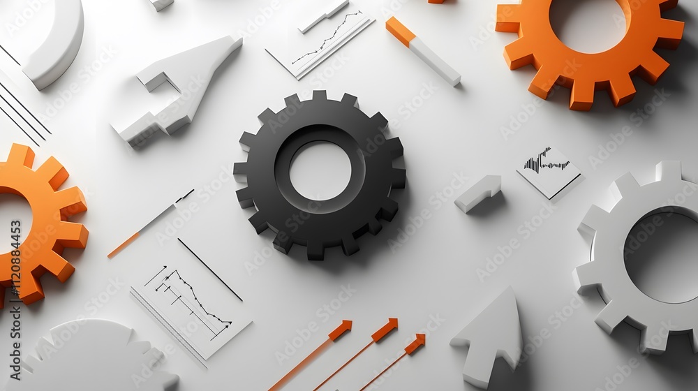 Poster a sleek collection of cog icons, directional arrows, and charts emphasizing workflow efficiency. whi