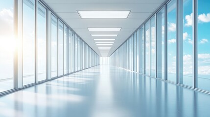 Obraz premium Sleek modern hallway with extensive glass windows showcasing natural light and open space in a contemporary architectural design.