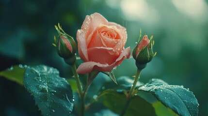 Coral-colored rose buds with shimmering raindrops on petals, surrounded by lush green leaves in a summer garden, evoking a fresh, fragrant atmosphere, flowers, nature, floral beauty.