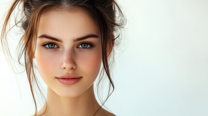 Fototapeta premium Elegant portrait of a young individual with natural beauty and soft features against a minimalist white background.