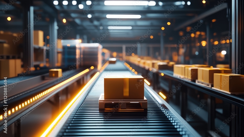 Poster packages moving on a conveyor belt in a modern factory showcasing automated production and efficient