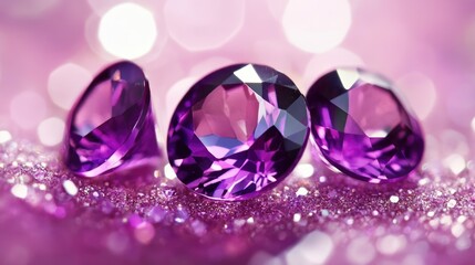 Macro close-up of purple gemstones sparkling against a blurred pink background showcasing intricate details and brilliance.
