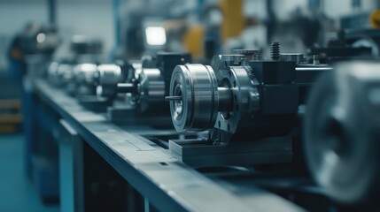 Fototapeta premium Industrial precision machining workshop with lathe grinders showcasing advanced engineering and mechanical control in a manufacturing environment