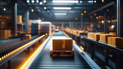 Fototapeta premium Packages moving on a conveyor belt in a modern factory showcasing automated production and efficient logistics systems