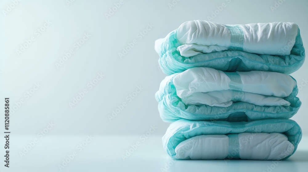 Poster soft turquoise blankets neatly stacked on a light surface with a serene background highlighting thei
