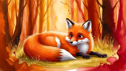 Obraz premium Playful red fox relaxing in autumn forest nature illustration warm ambience whimsical viewpoint wildlife concept