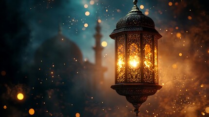 Illuminated Traditional Lantern at Night Against a Mosque. A beautifully detailed traditional lantern, glowing warmly, hangs against a blurred background of a mosque at night.