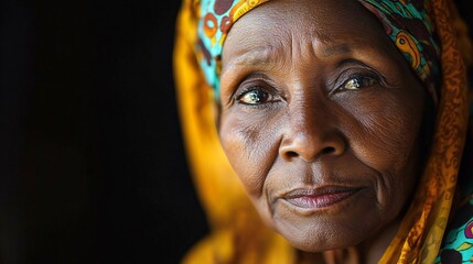 A captivating close-up portrait of an elderly woman with soulful eyes, ideal for wellness and cultural events, celebrating heritage and the beauty of aging.