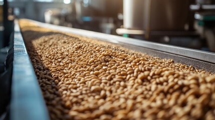 Ripe brown pine nuts on conveyor belt in organic food processing facility showcasing industrial agriculture and production techniques