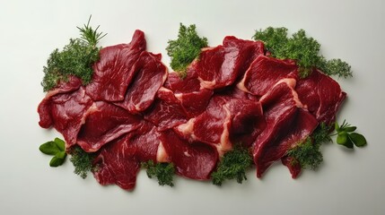 Raw meat and herbs creatively arranged to resemble a country shape on a white background