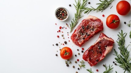 Fresh raw steak with herbs and spices surrounded by ripe tomatoes on a clean white background for culinary or gourmet food presentations
