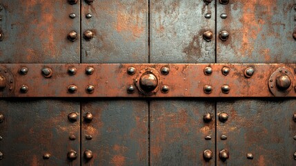 Fototapeta premium Rusty metal texture with decorative rivets on an old steel surface ideal for backgrounds in industrial and vintage design projects