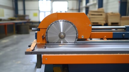 Industrial circular saw cutting machine with precision blade in workshop setting, showcasing woodworking equipment and craftsmanship quality.