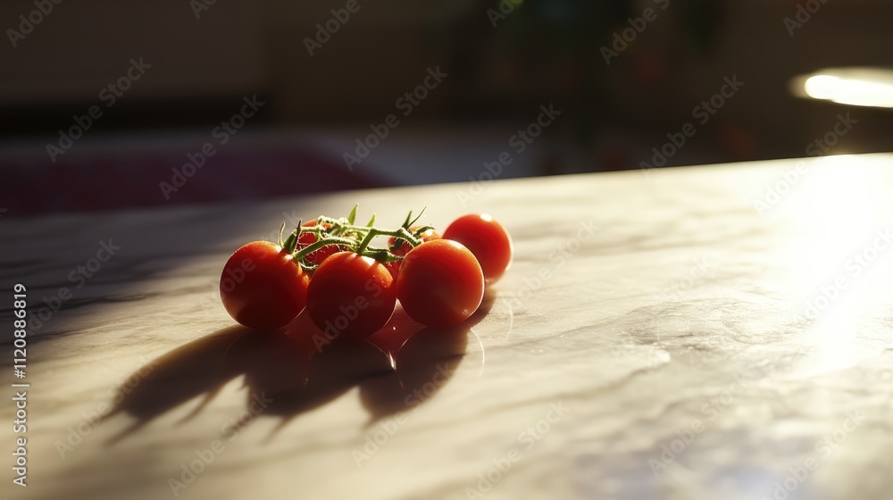 Poster fresh red cherry tomatoes on a marble table surface illuminated by soft sunlight creating beautiful 