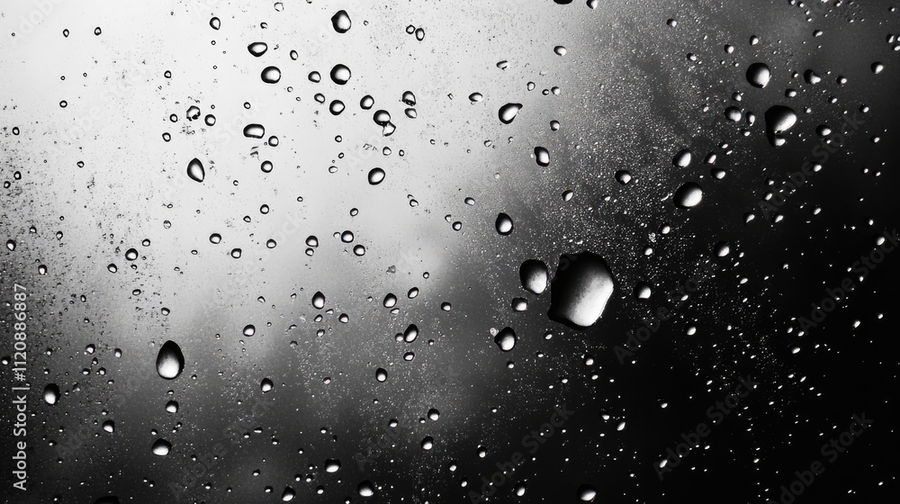 Poster raindrops on window glass creating a natural pattern against a cloudy backdrop in monochrome aesthet