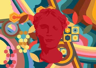 Retro 70s Background with Head Sculpture. Groovy Greek style statue. 1970s art template. Minimalistic Vintage design poster. Old-fashioned color artwork.