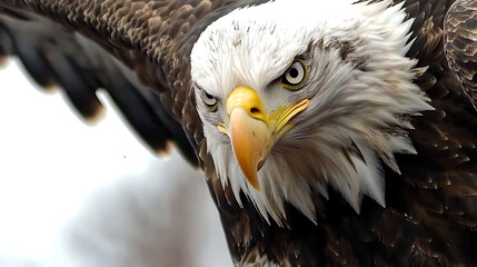 A bald eagle with its head held high and its eyes glaring at the camera