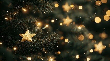 Fototapeta premium Golden Star Ornament on a Christmas Tree with Warm Bokeh Lights