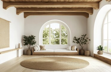 Fototapeta premium Serene minimalist living room with arched windows, wooden beams, and natural textures.