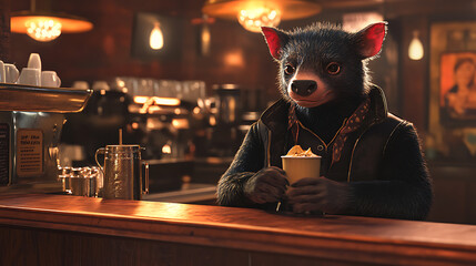 Tasmanian Devil Enjoying a Coffee Shop Beverage