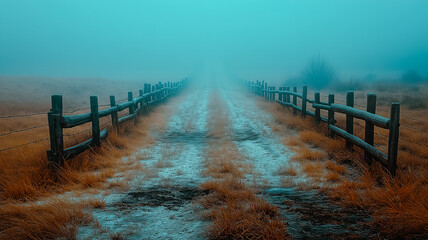 Obraz premium A long road with a fence on both sides. The road is wet and muddy. The sky is cloudy and the weather is overcast